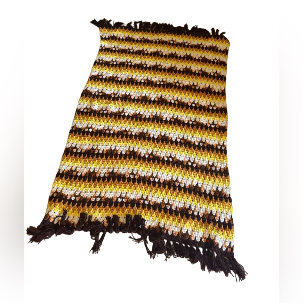 Vintage handmade Afghan yellow brown white Striped Crochet Blanket with Fringe
